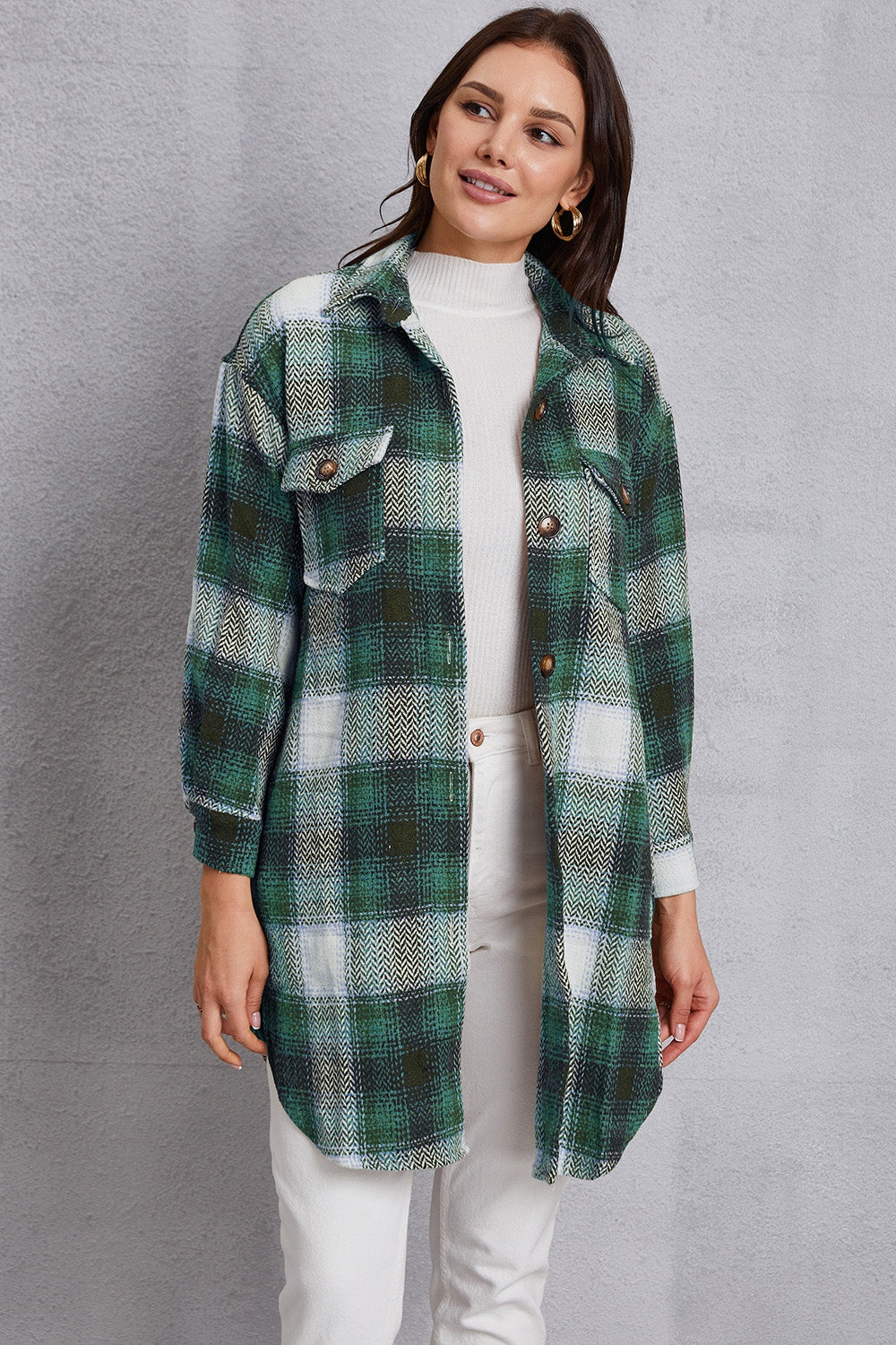 MeiMei Plaid Button Up Dropped Shoulder Coat with Pockets