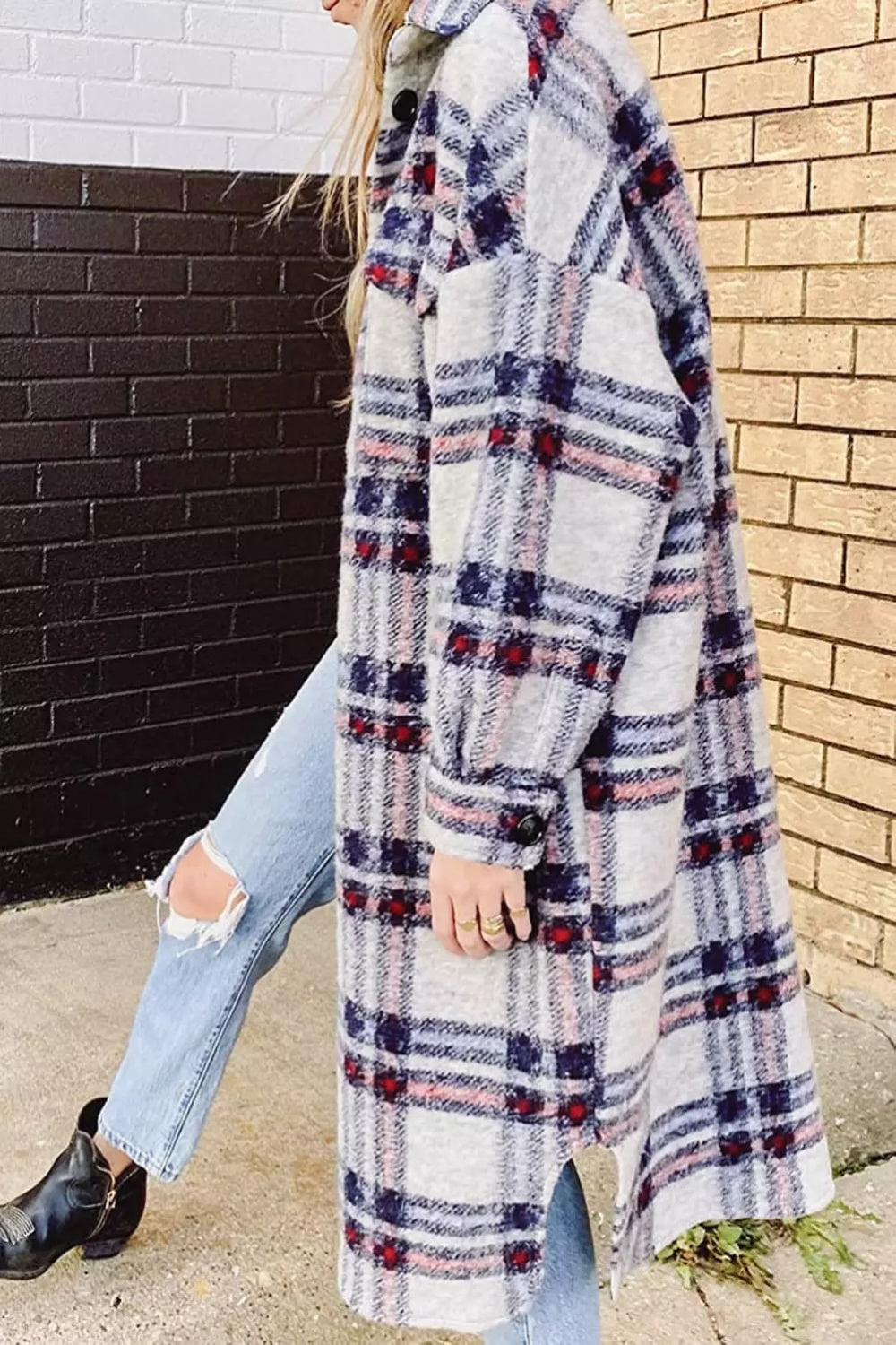 MeiMei Pocketed Plaid Long Sleeve Coat