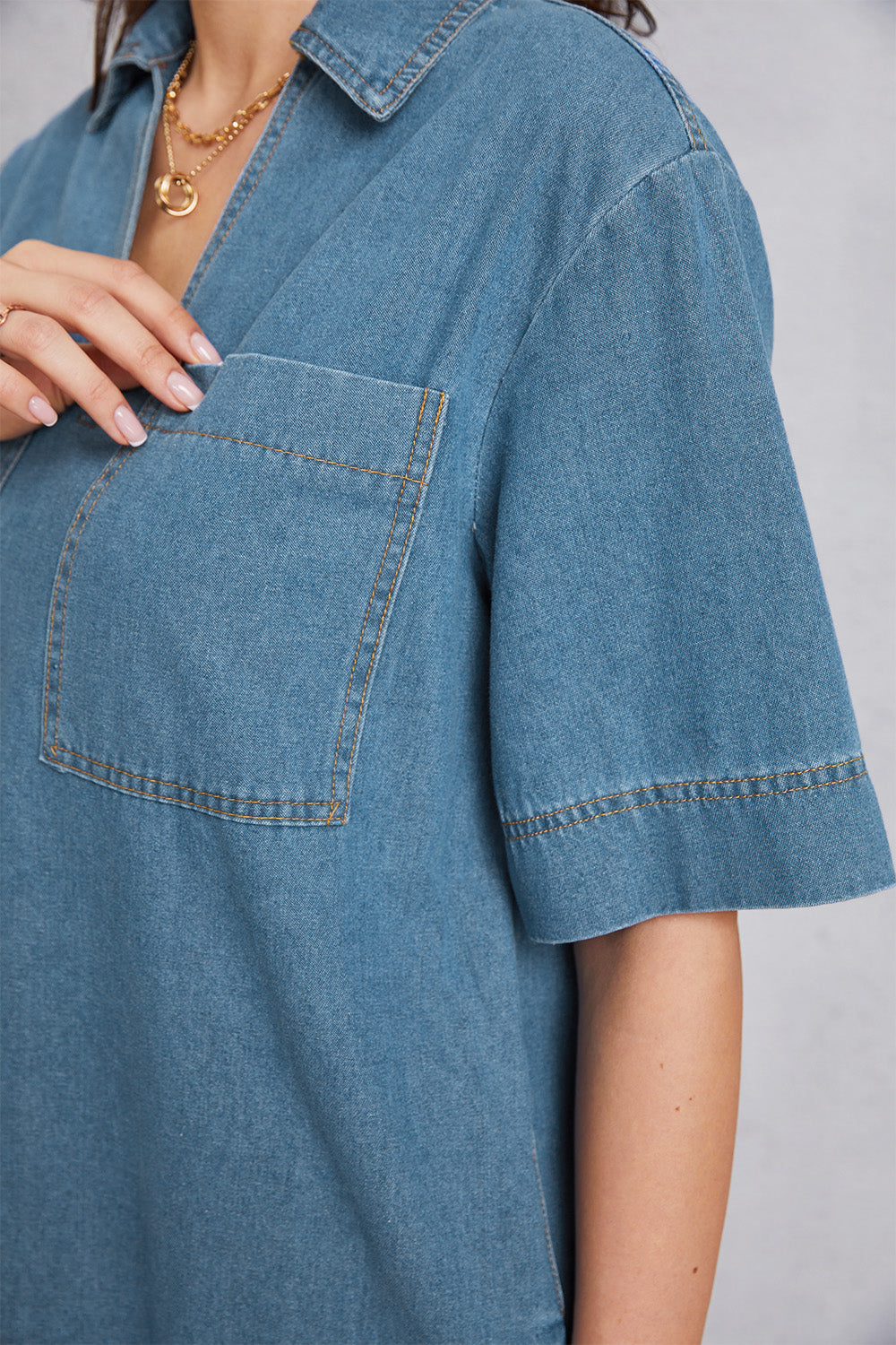 Pocketed Collared Neck Mini Denim Dress