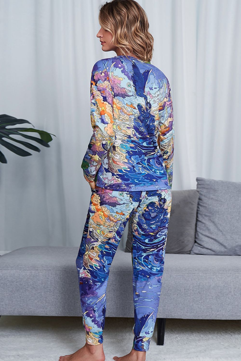 Shiny Tie-Dye Crewneck Top and Drawstring Waist Joggers Lounge Set