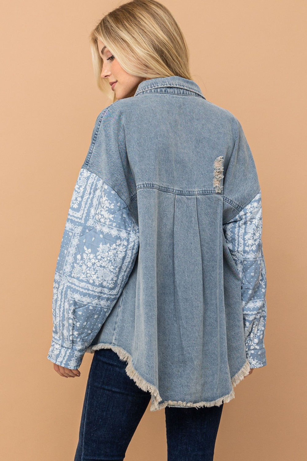 And The Why Full Size Paisley Print Quilted Sleeves Denim Jacket