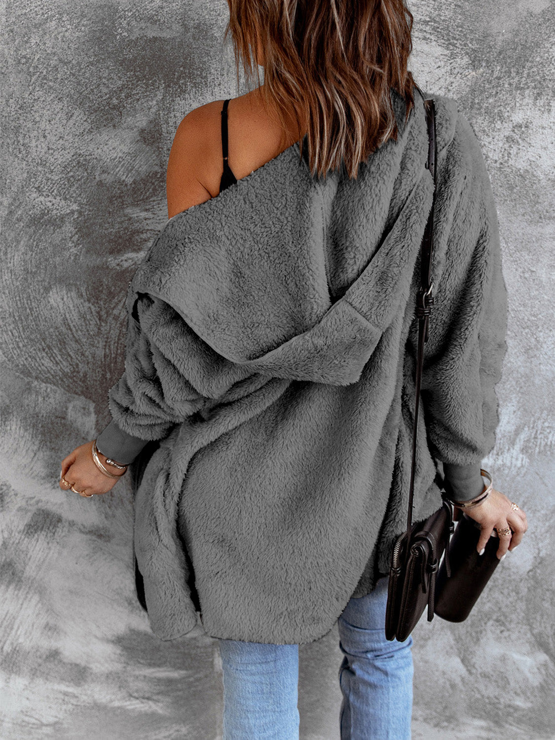 Open Front Hooded Faux Fur Outwear with Pockets