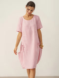100% Linen Round Neck Patch Pocket Midi Dress XENA