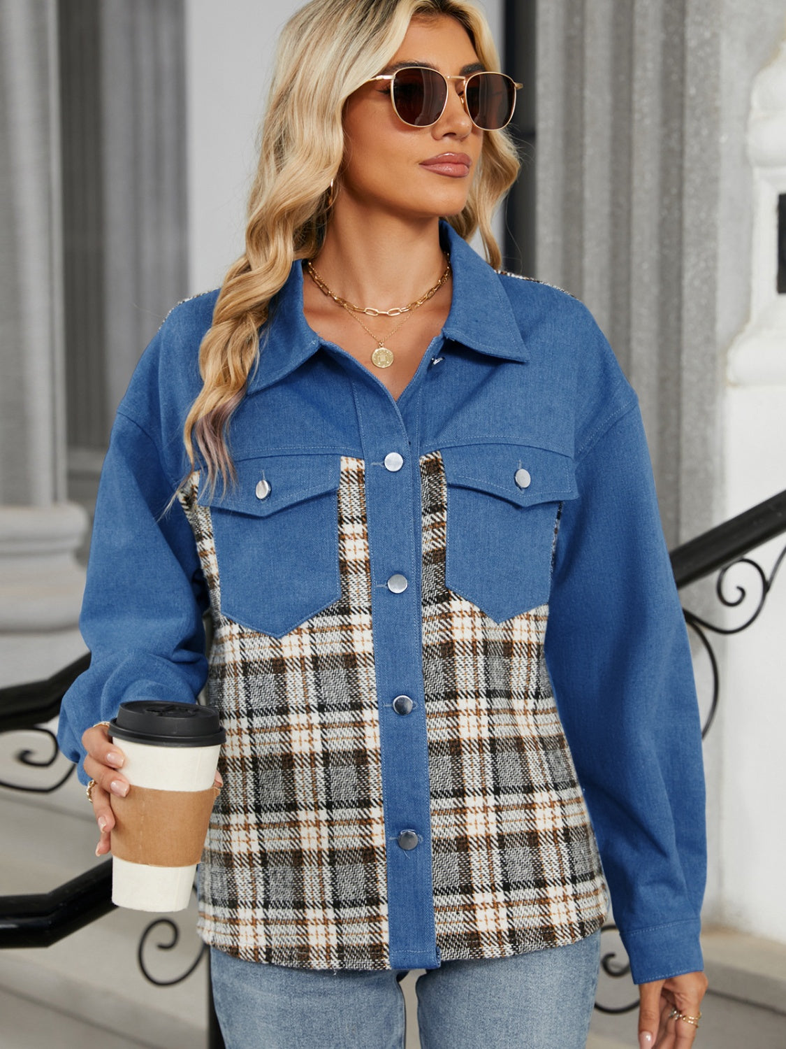 Plaid Button Up Long Sleeve Denim Jacket