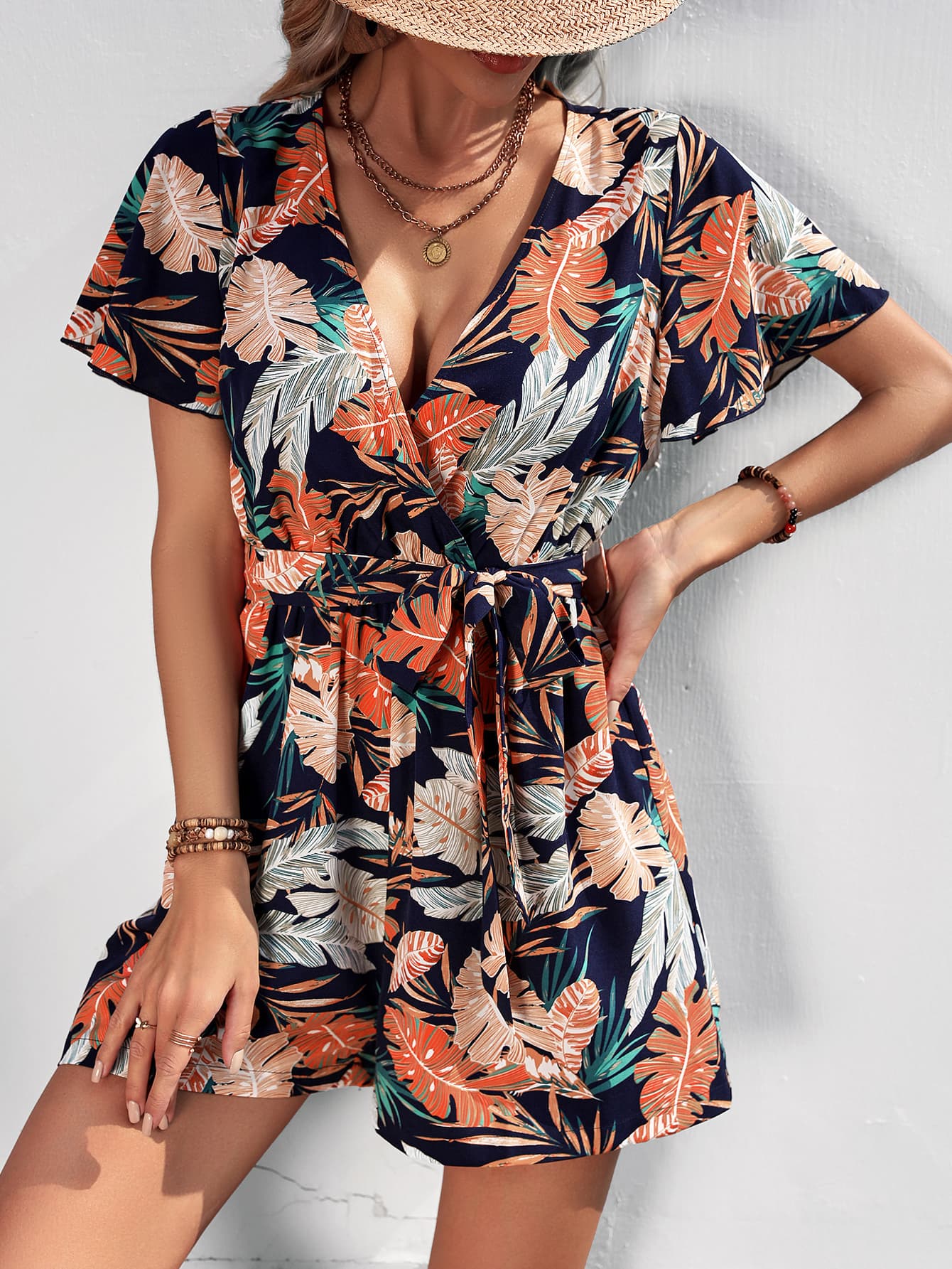 Honey Botanical Print Surplice Neck Tie Waist Romper