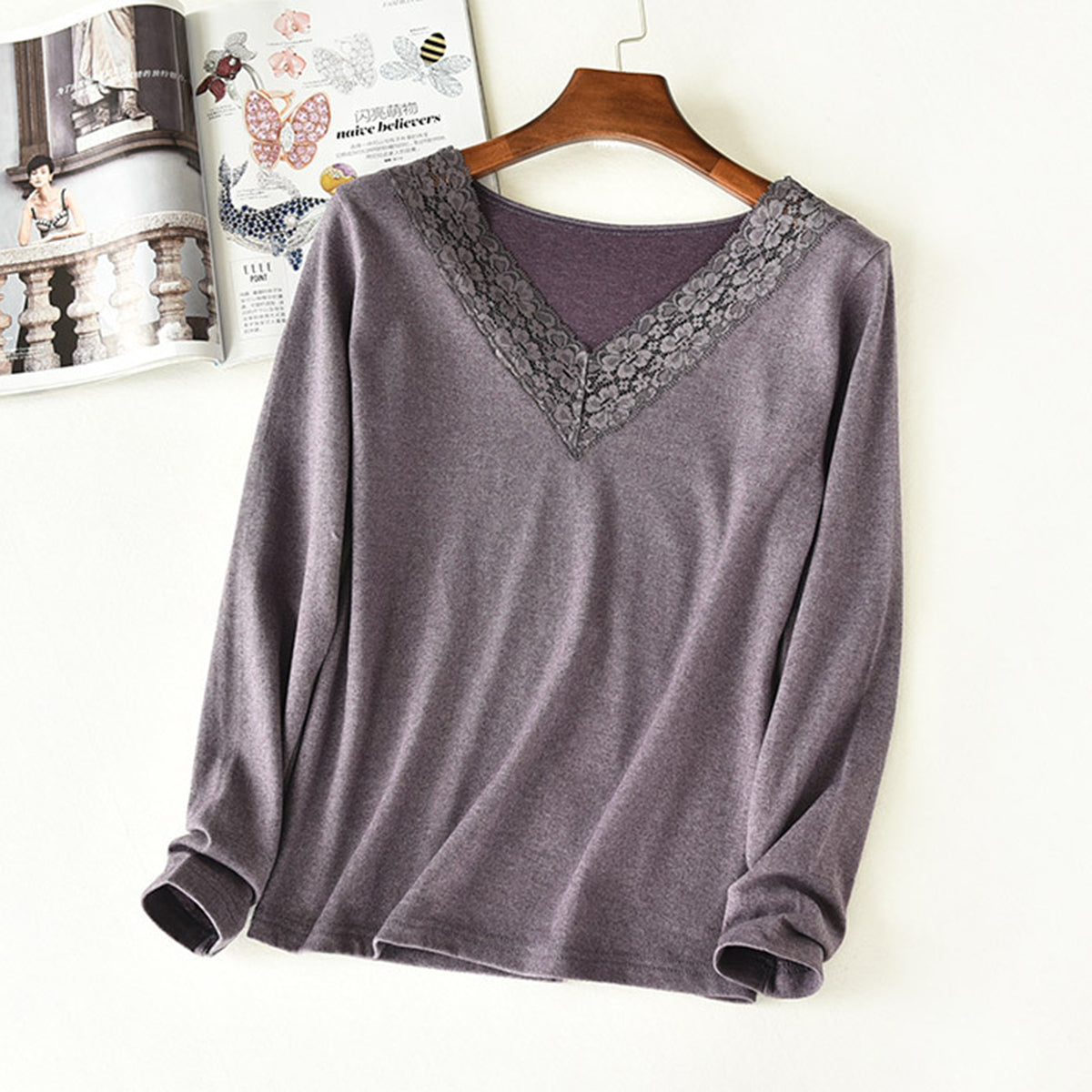 Lace Detail V-Neck Long Sleeve Lounge Top