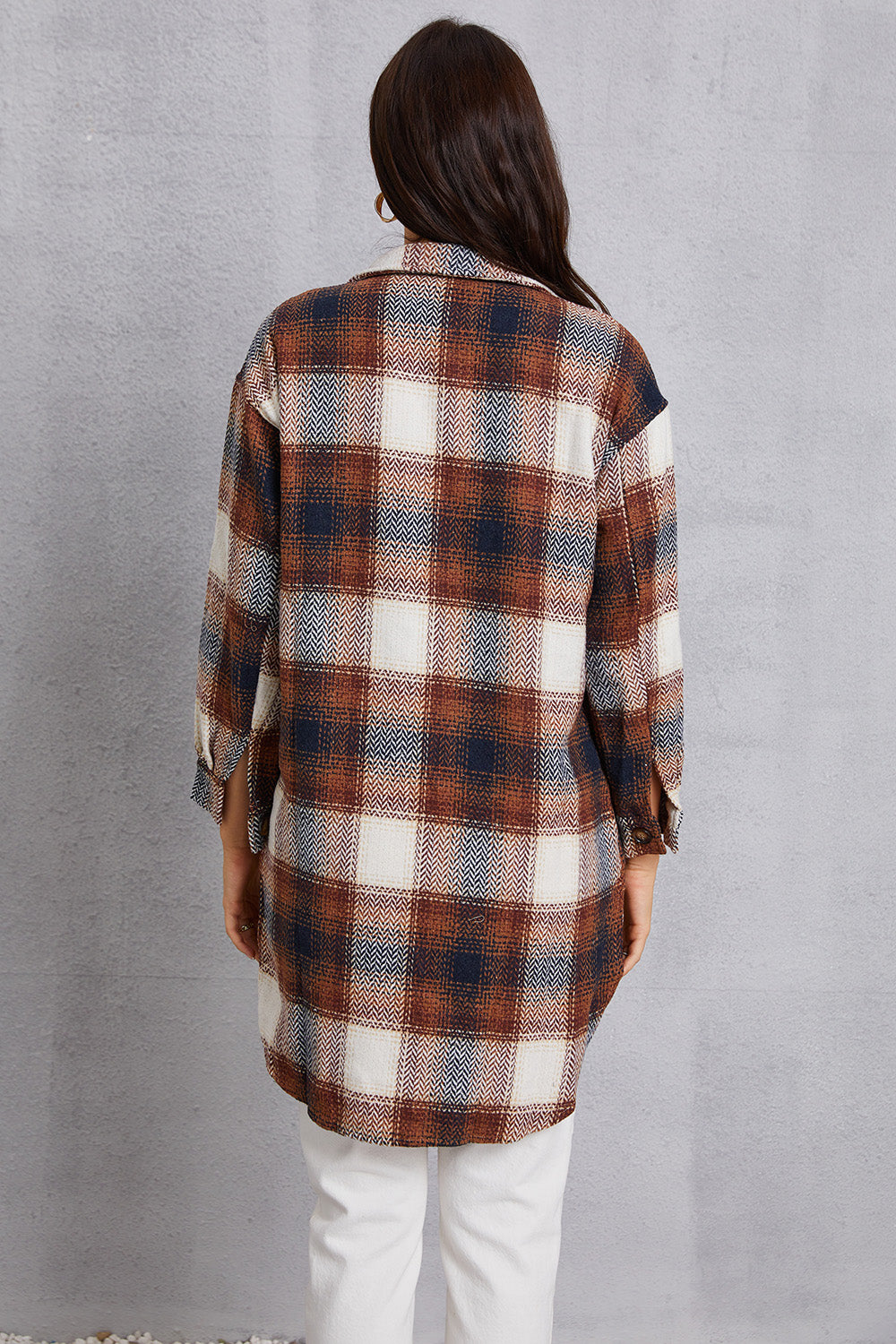 MeiMei Plaid Button Up Dropped Shoulder Coat with Pockets