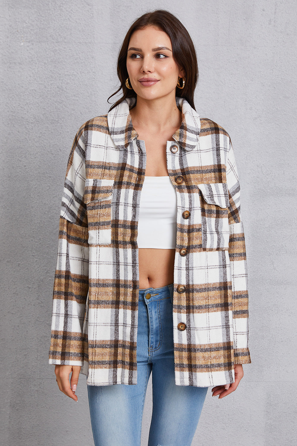 MeiMei Plaid Button Up Dropped Shoulder Outerwear