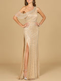 Beaded One Shoulder Dress with Train