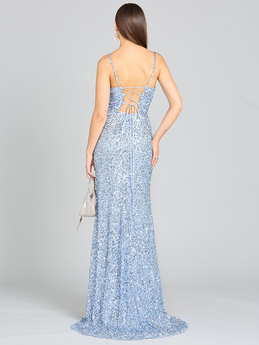 Beaded V Neck Dress with Slit | 29310