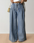 Cora Stripe Button Pleated Drawstring Waist Casual Wide Leg Jeans
