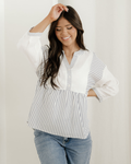 Morgan Half Button Gauze Patchwork Bracelet Sleeve Babydoll Blouse