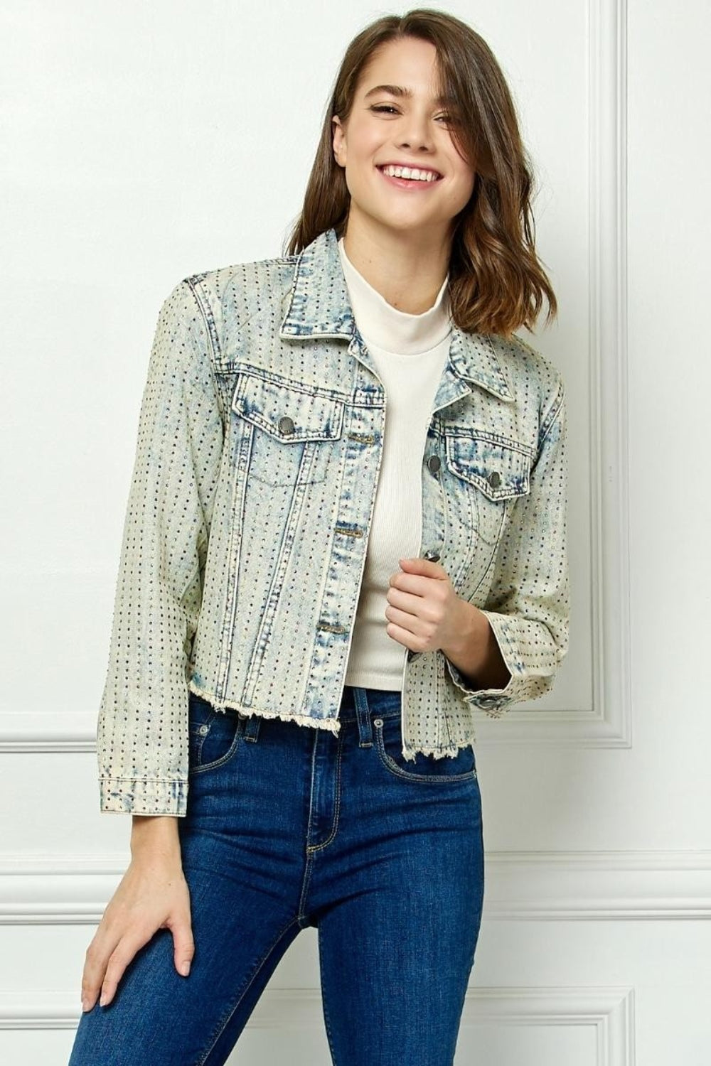 Veveret Multi Color Stripe Rhinestone Raw Hem Denim Jacket