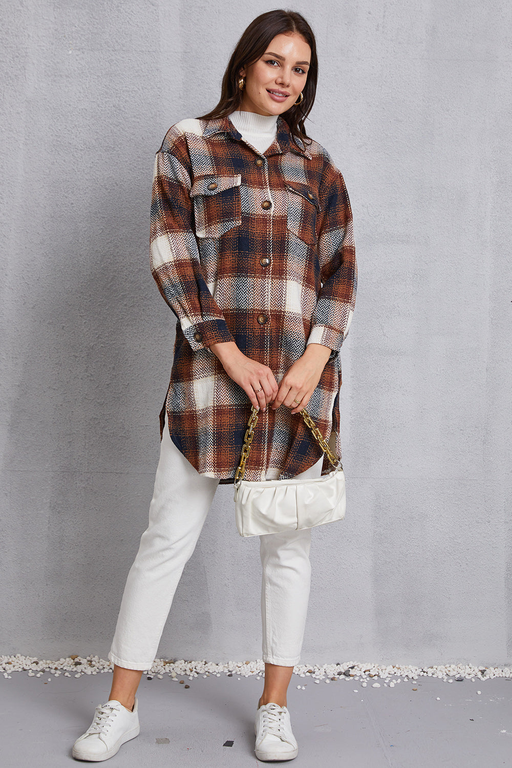 MeiMei Plaid Button Up Dropped Shoulder Coat with Pockets