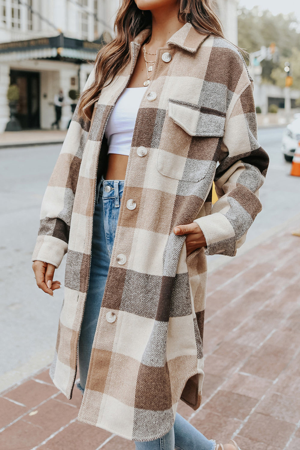 MeiMei Plaid Button Up Dropped Shoulder Coat