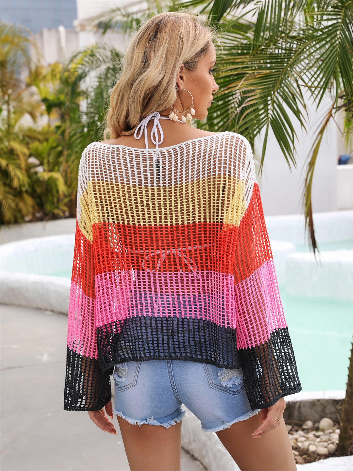 Angel Wings Color Block Openwork Boat Neck Cover Up