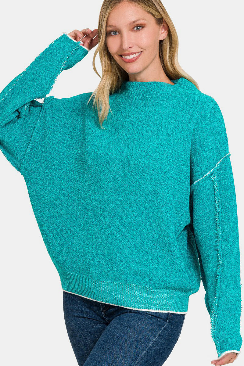 Zenana Exposed Seam Mock Neck Long Sleeve Sweater