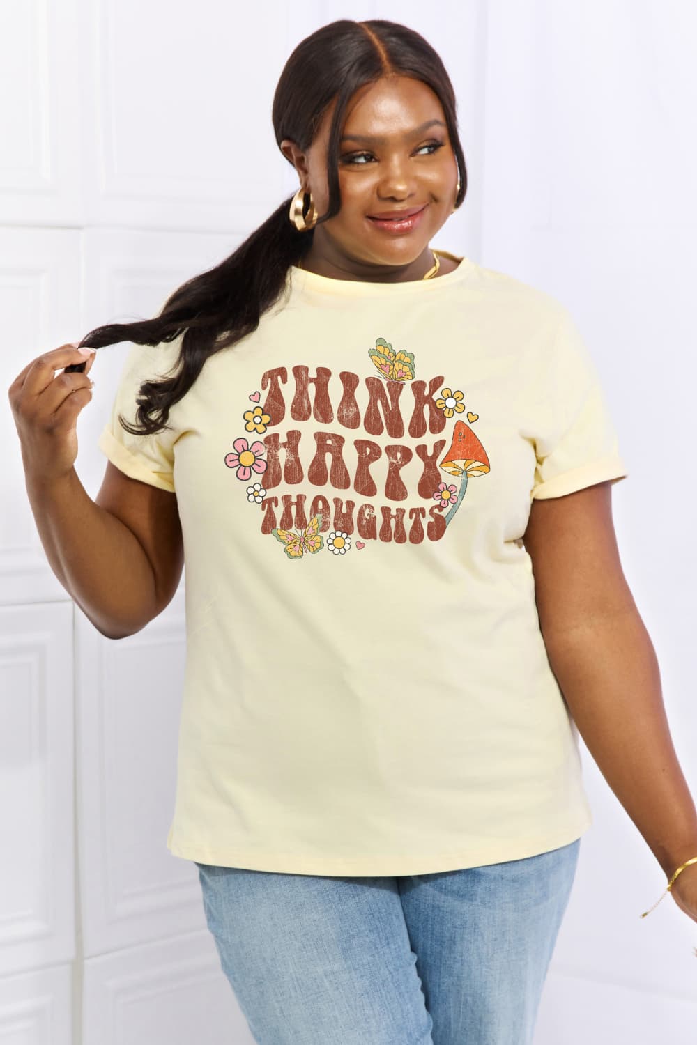 Simply Love Full Size THINK HAPPY THOUGHTS Graphic Cotton Tee