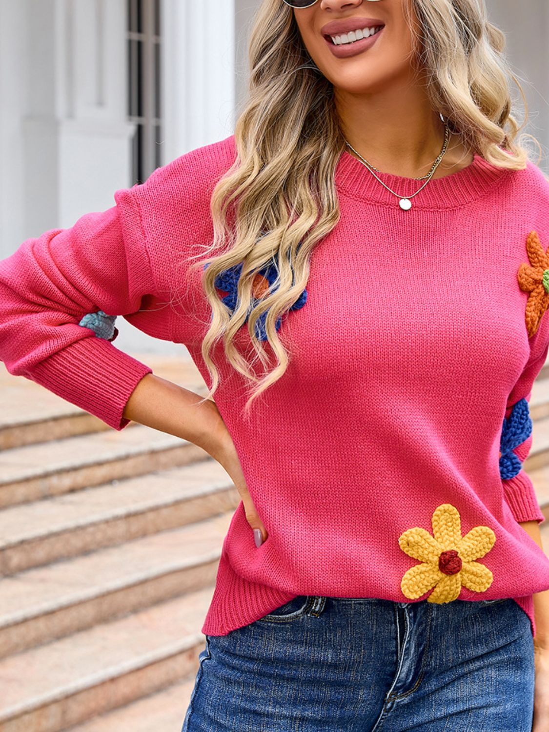 Angel Wings Crochet Flower Round Neck Sweater