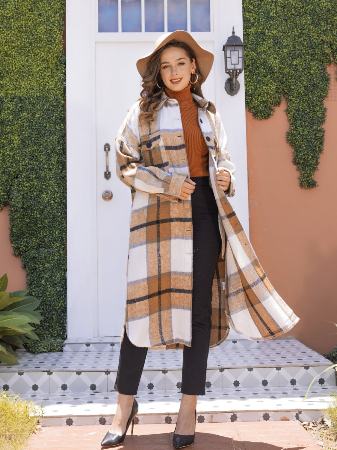 MeiMei Plaid Button Up Dropped Shoulder Coat