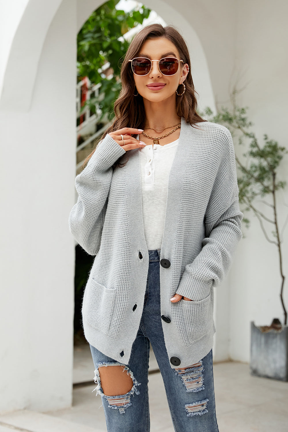 Button Up Drop Shoulder Long Sleeve Cardigan