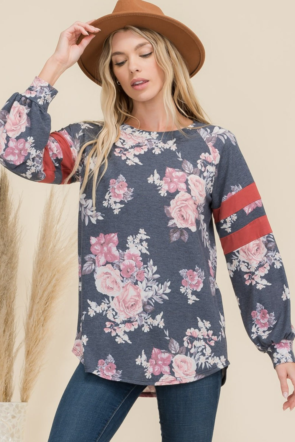 Celeste Full Size Floral Curved Hem T-Shirt with Stripe Detail