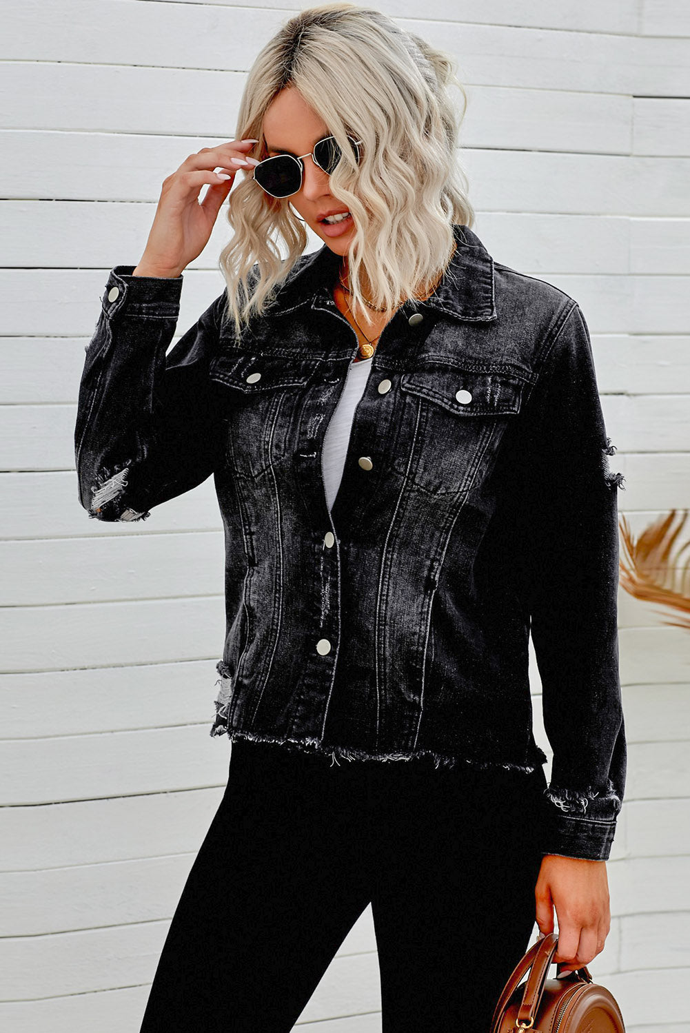 Distressed Raw Hem Denim Jacket