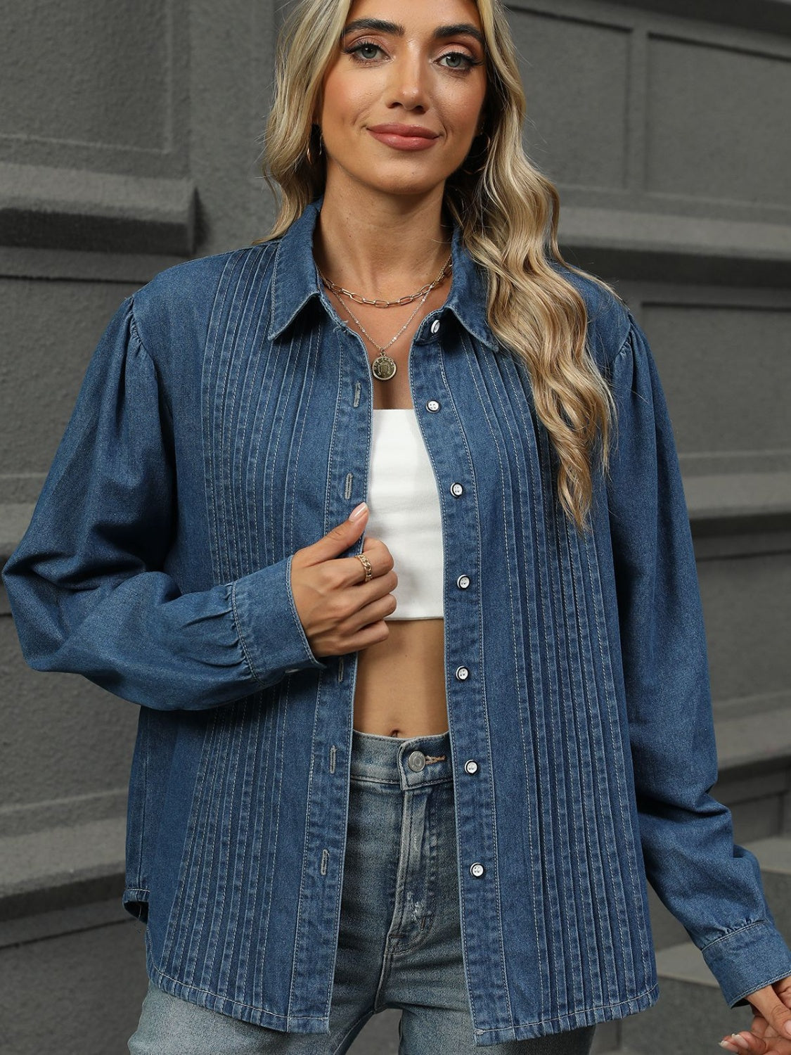 Button Down Collared Neck Long Sleeve Denim Top