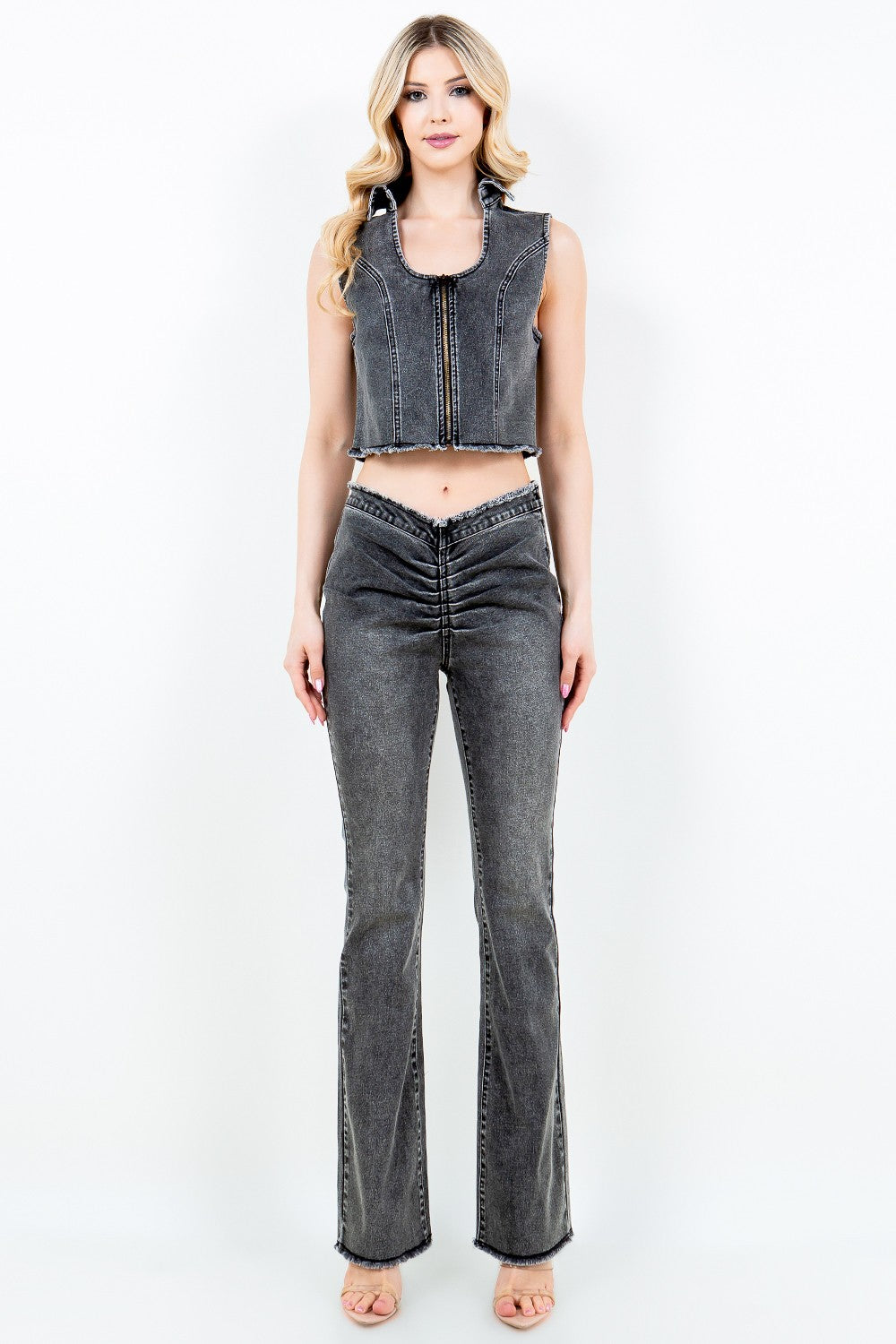 American Bazi Zip Up Washed Crop Denim Vest