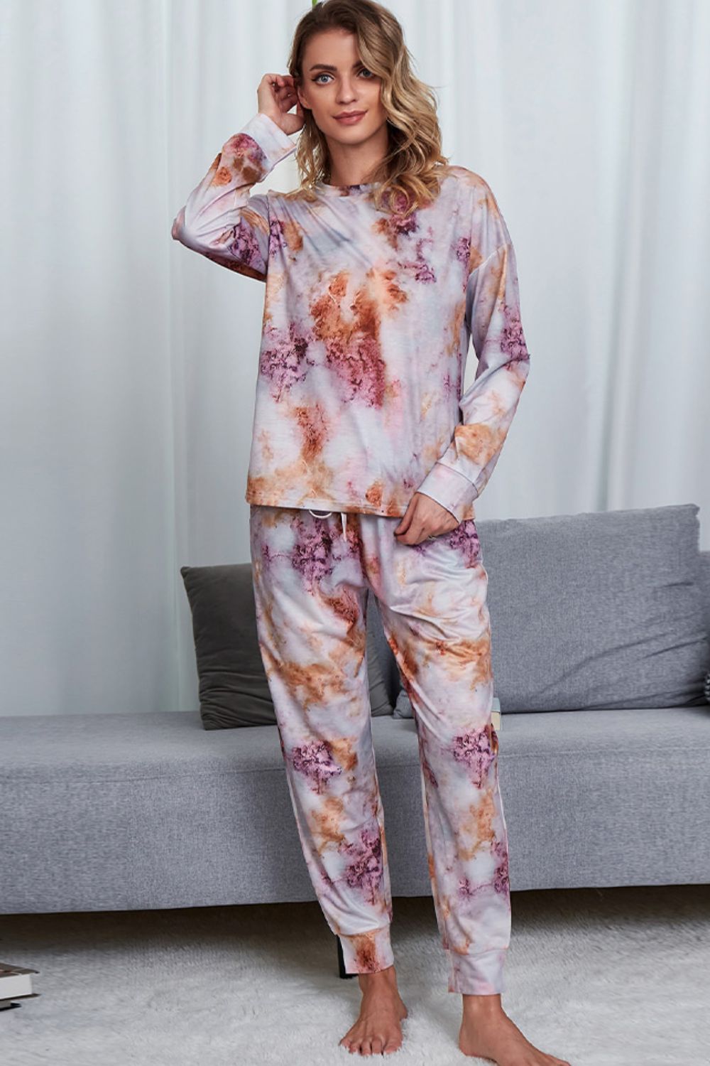 Shiny Tie-Dye Crewneck Top and Drawstring Waist Joggers Lounge Set