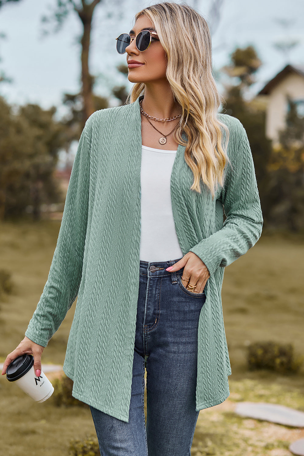 Textured Open Front Long Sleeve Cardigan