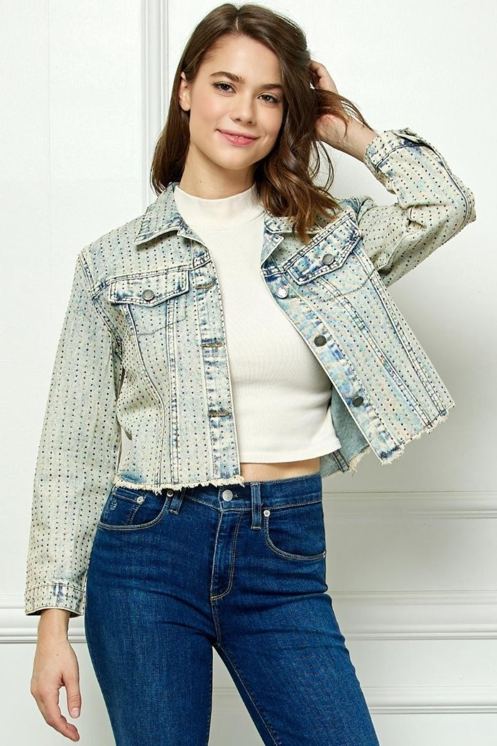 Veveret Multi Color Stripe Rhinestone Raw Hem Denim Jacket