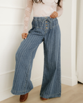 Cora Stripe Button Pleated Drawstring Waist Casual Wide Leg Jeans
