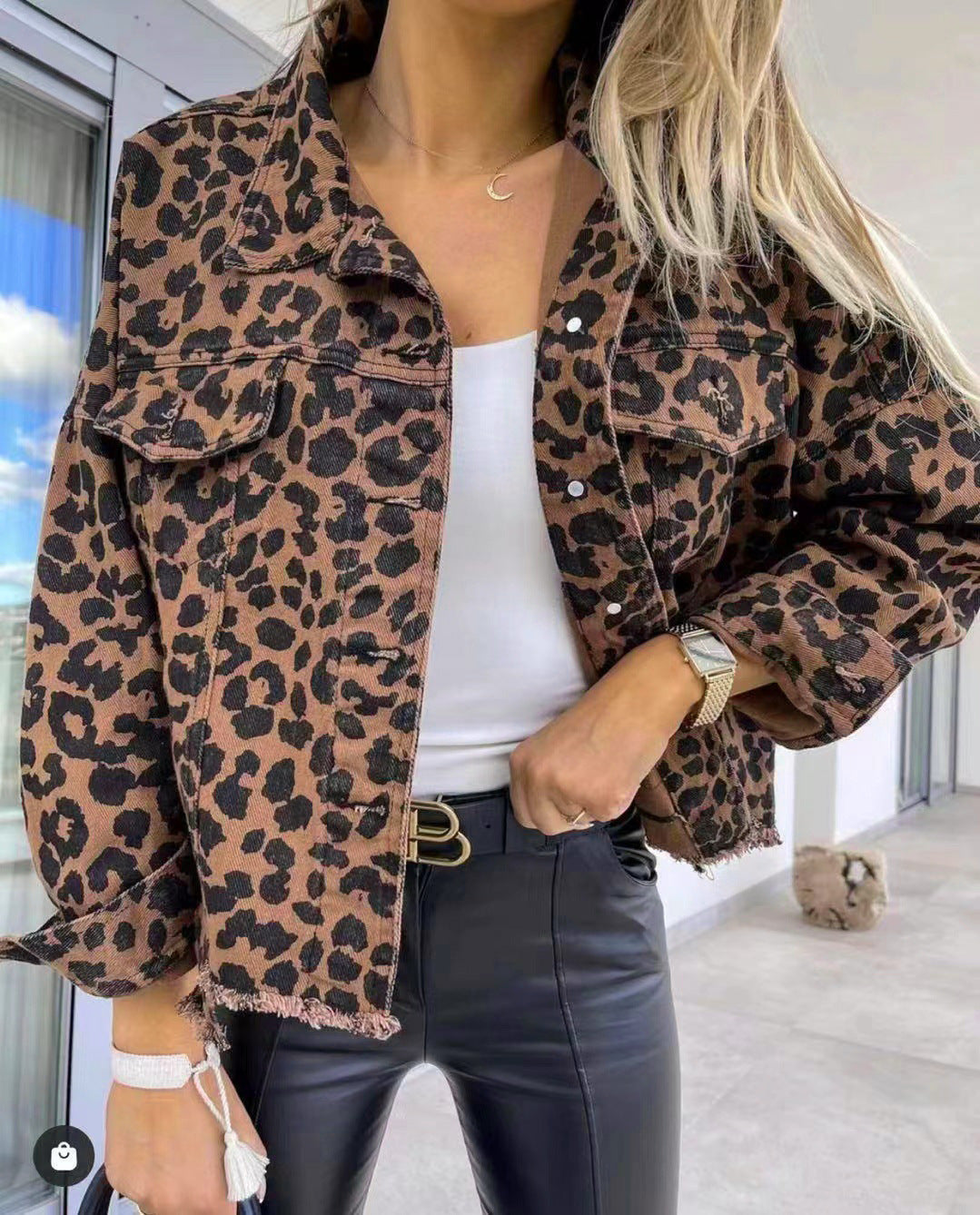 Leopard Raw Hem Denim Jacket