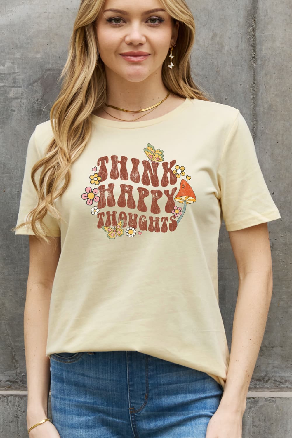 Simply Love Full Size THINK HAPPY THOUGHTS Graphic Cotton Tee