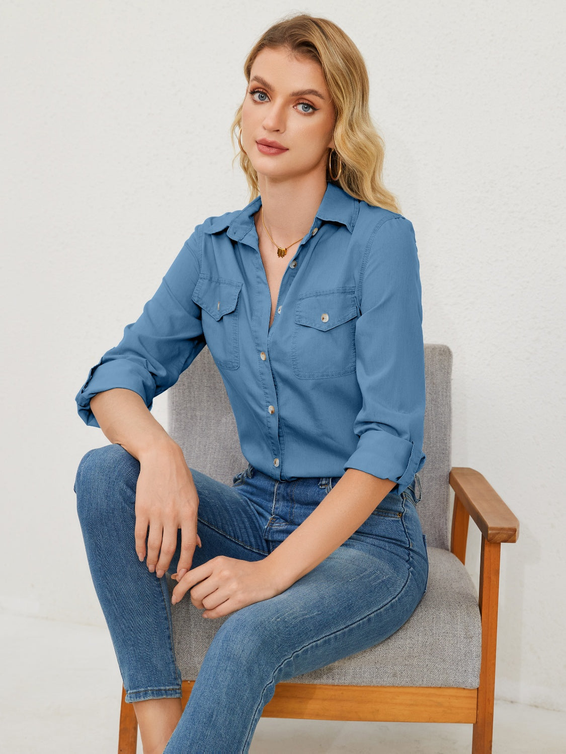 Pocketed Button Up Long Sleeve Denim Shirt