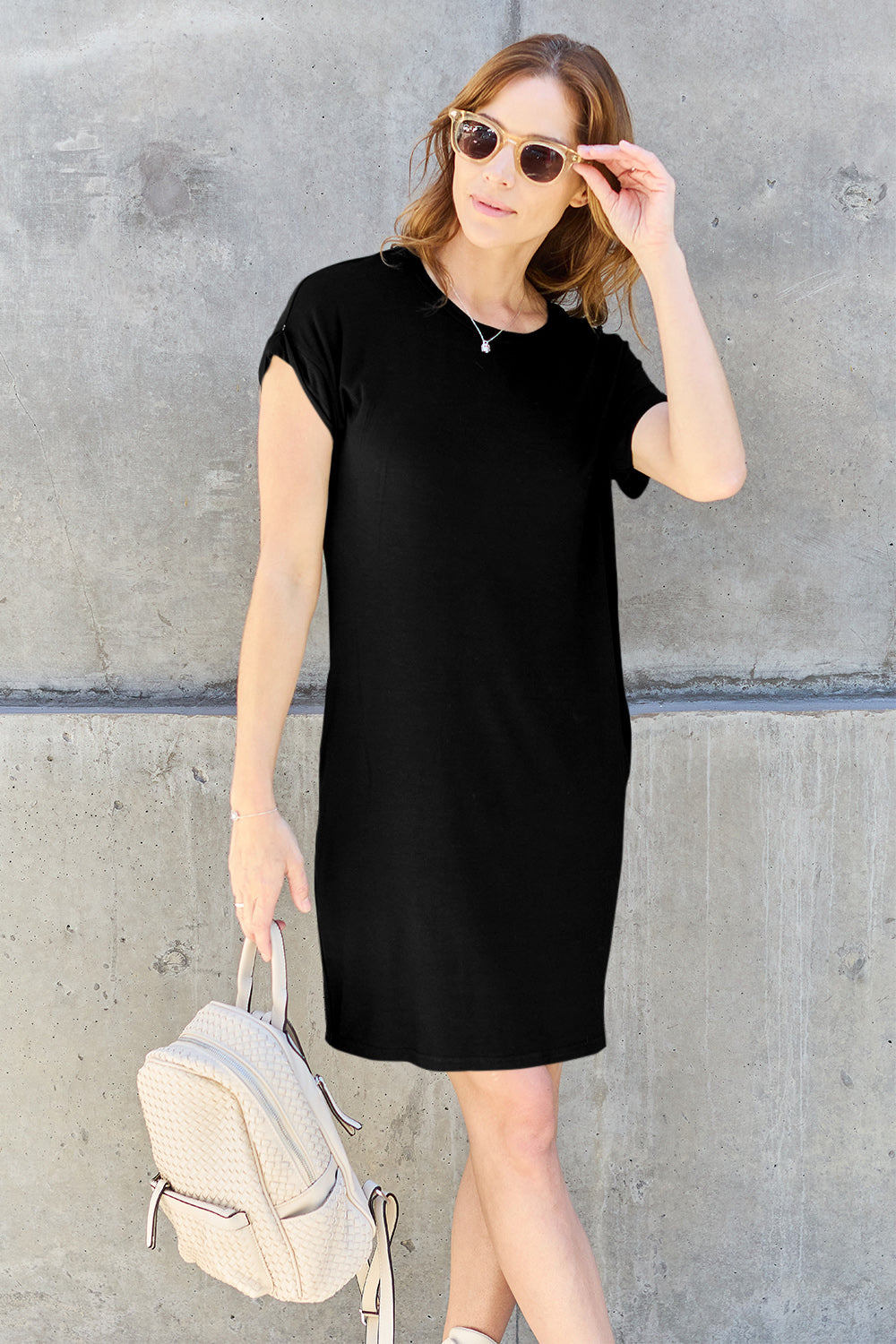 Basic Bae Bamboo Full Size Round Neck Short Sleeve Dress with Pockets