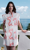 Left Bank Puff Sleeve Cotton Dress in Coral Wht Dragon Print