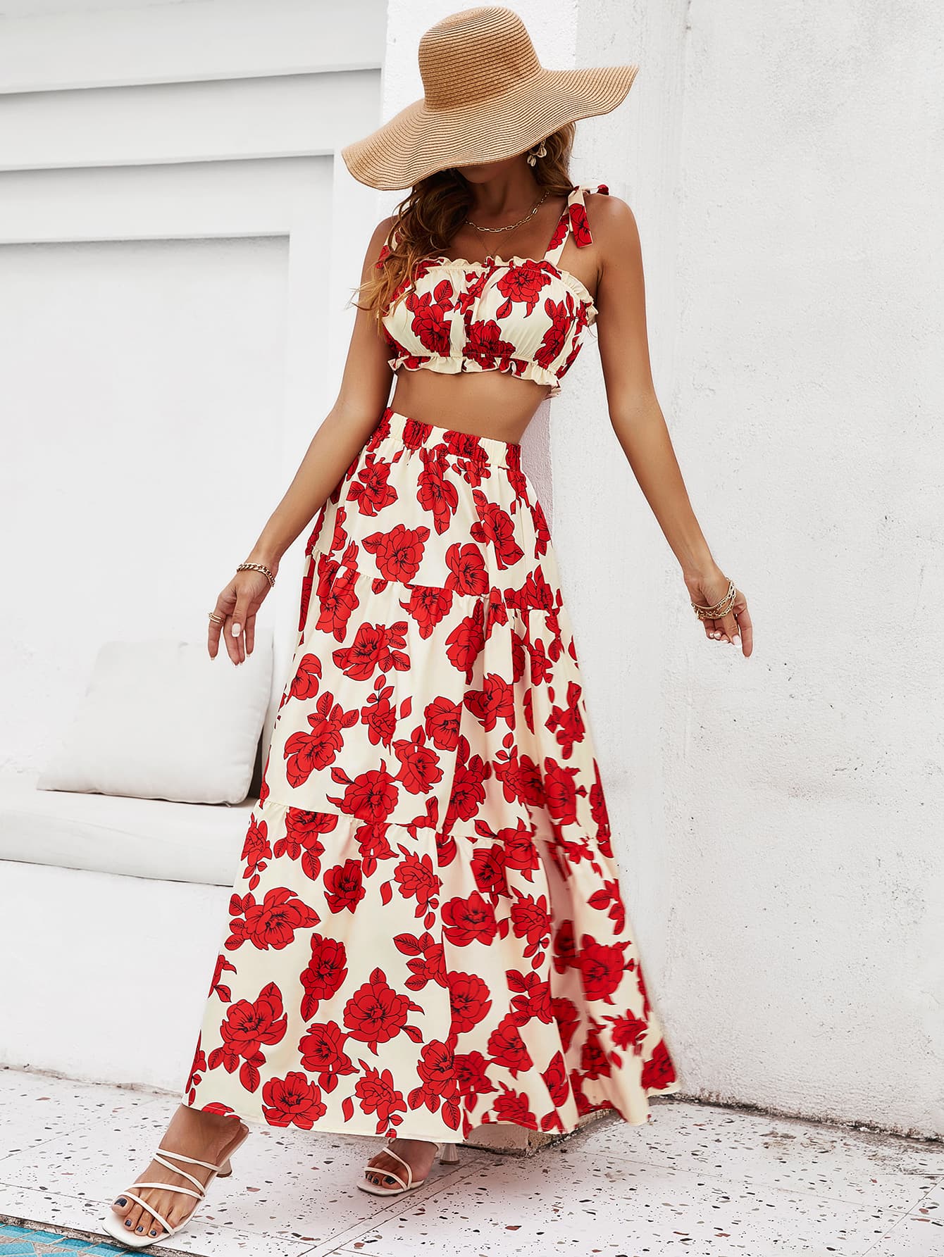 Honey Floral Tie Shoulder Top and Tiered Maxi Skirt Set