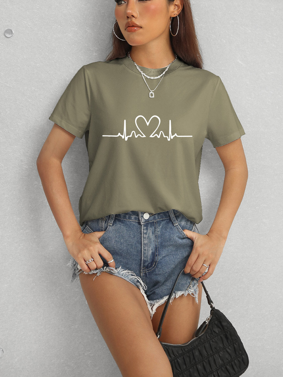 Heart Round Neck Short Sleeve T-Shirt