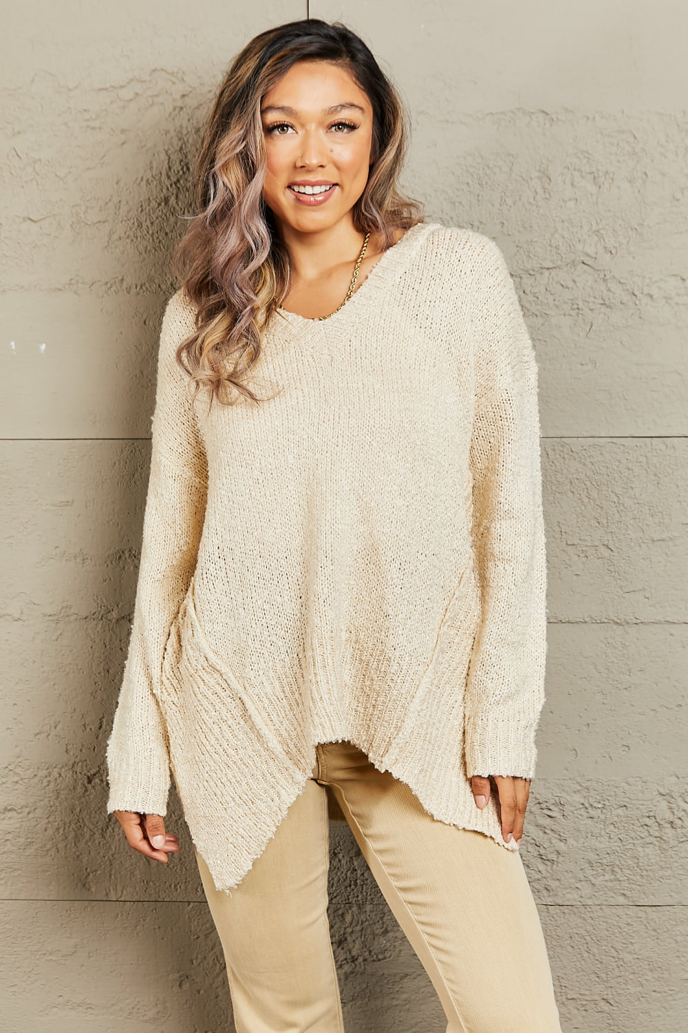 Heimish By The Fire Full Size Draped Detail Knit Sweater