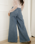 Cora Stripe Button Pleated Drawstring Waist Casual Wide Leg Jeans