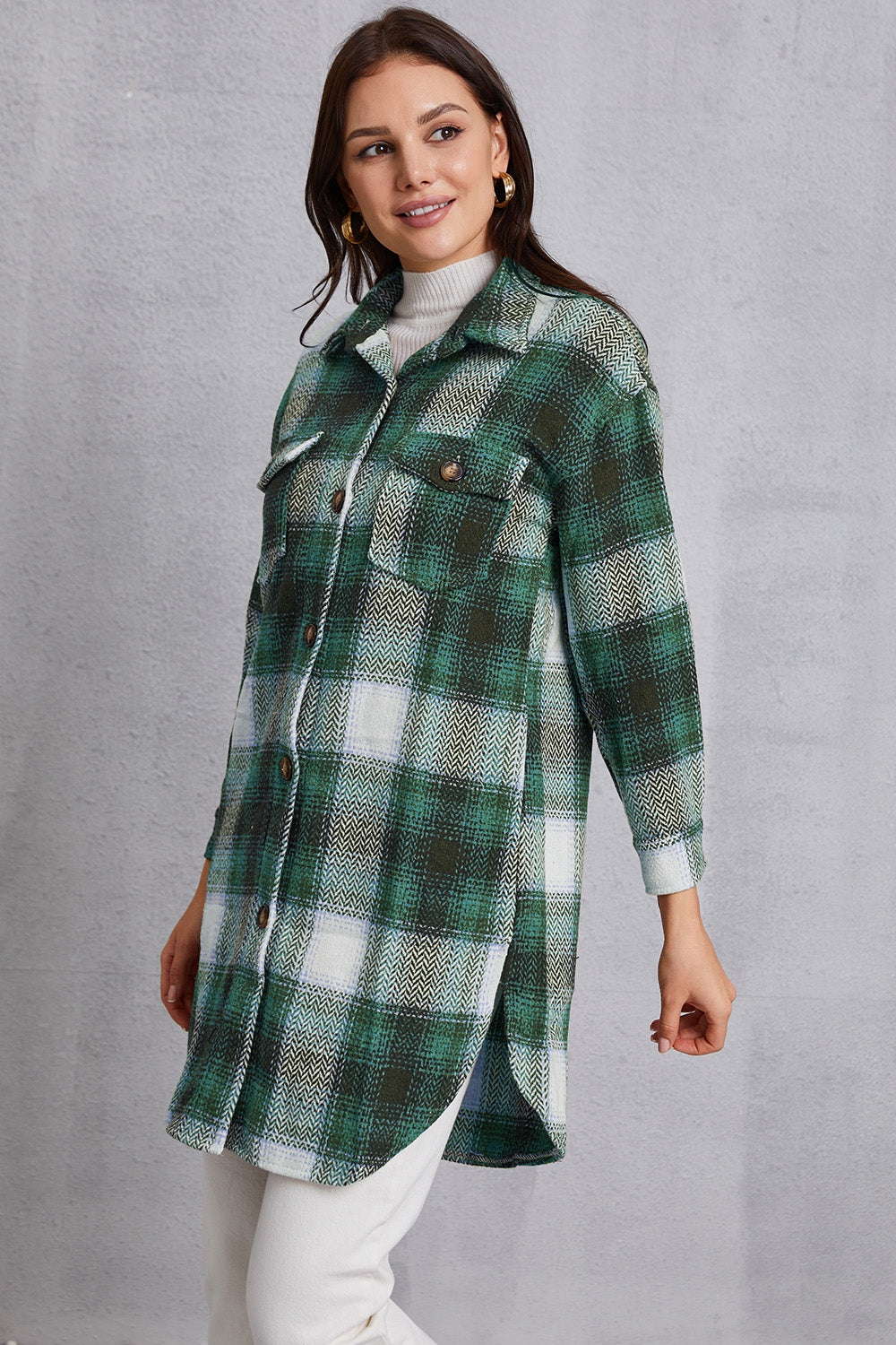 MeiMei Plaid Button Up Dropped Shoulder Coat with Pockets