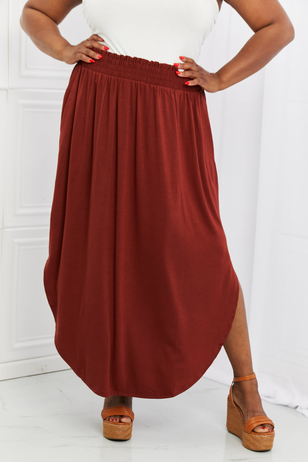 Zenana It's My Time Full Size Side Scoop Scrunch Skirt in Dark Rust