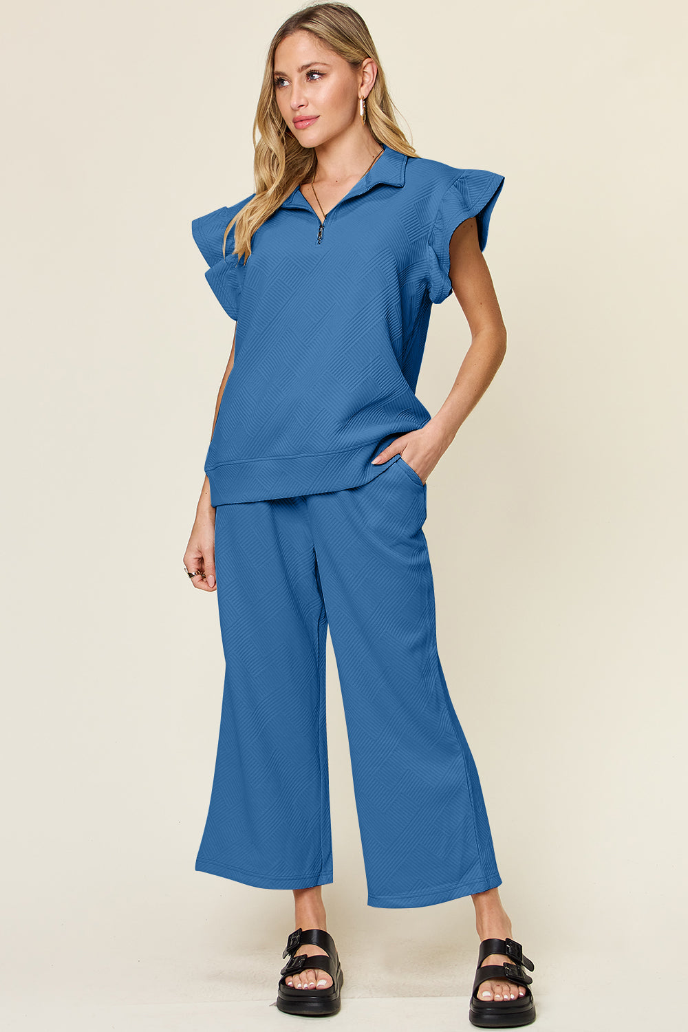 Double Take Texture Ruffle Short Sleeve Top and Drawstring Wide Leg Pants Set