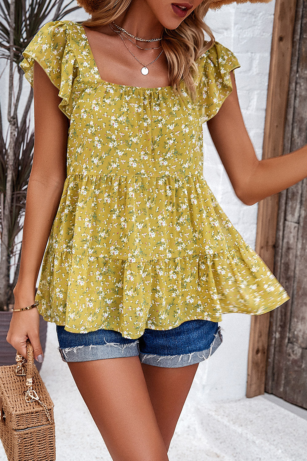 Devine Printed Square Neck Cap Sleeve Blouse