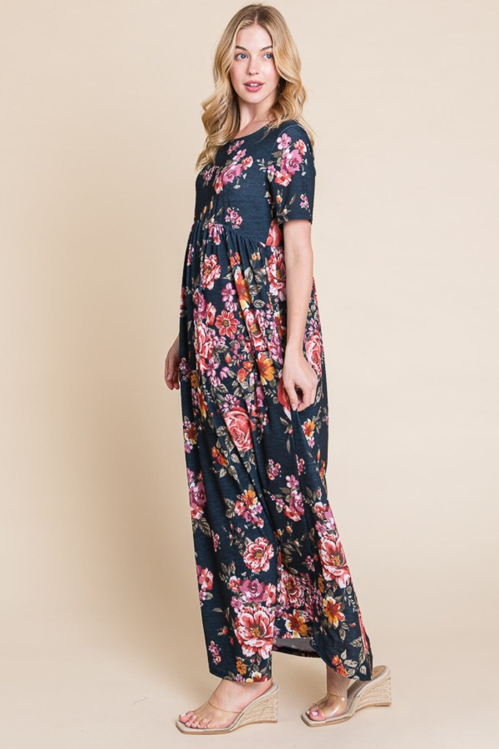 BOMBOM Floral Short Sleeve Maxi Dress