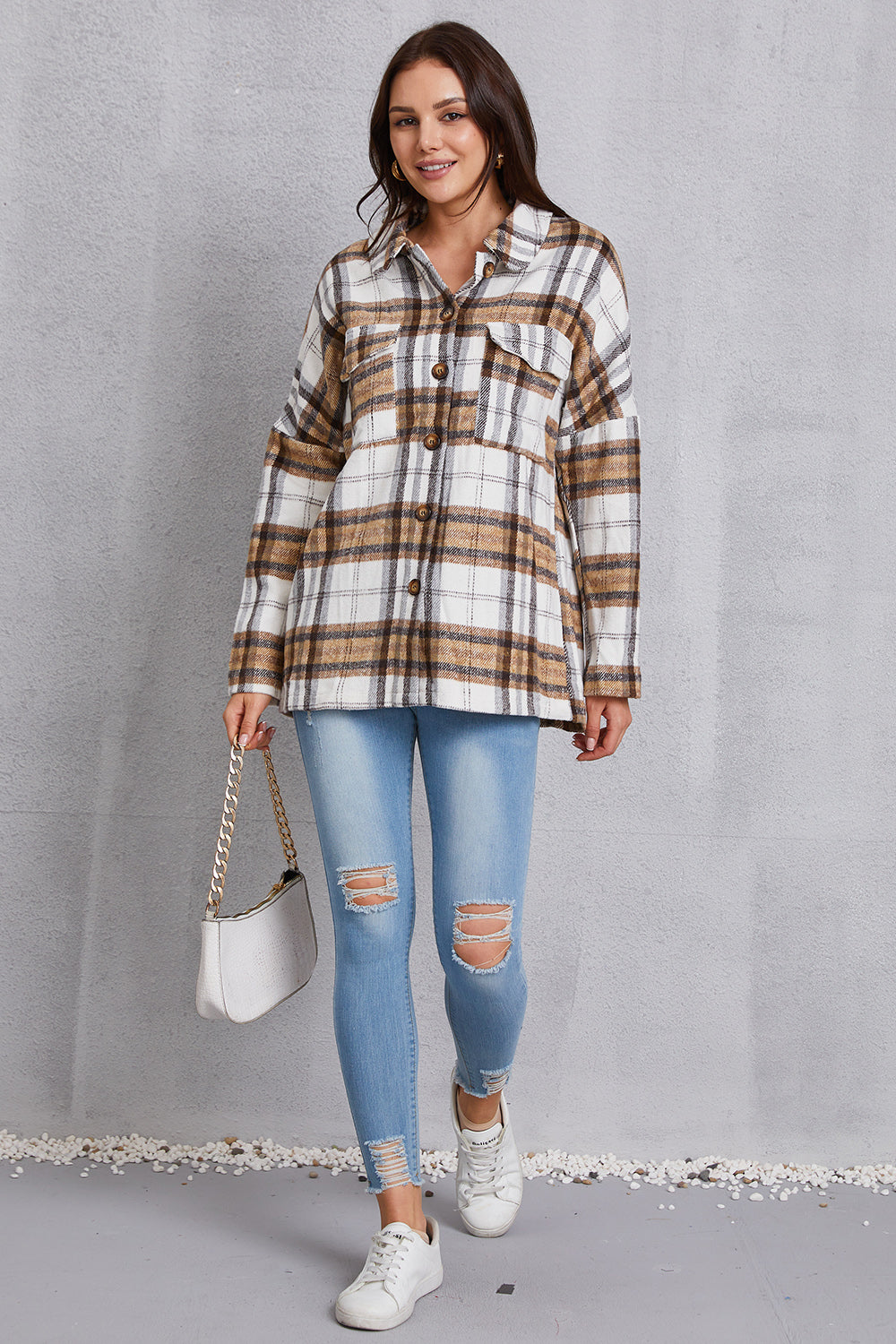 MeiMei Plaid Button Up Dropped Shoulder Outerwear