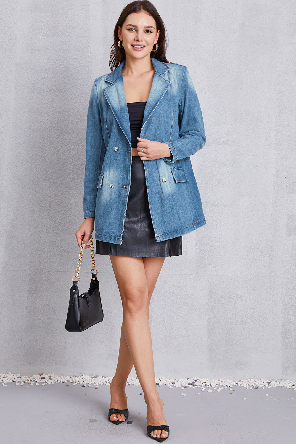 Lapel Collar Washed Denim Top