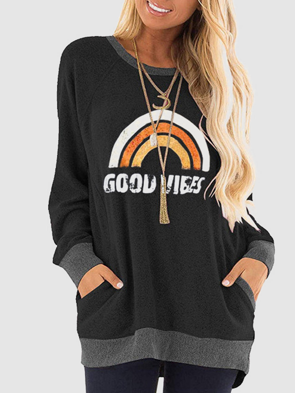 Rainbow Graphic Round Neck Sweatshirt with Pockets